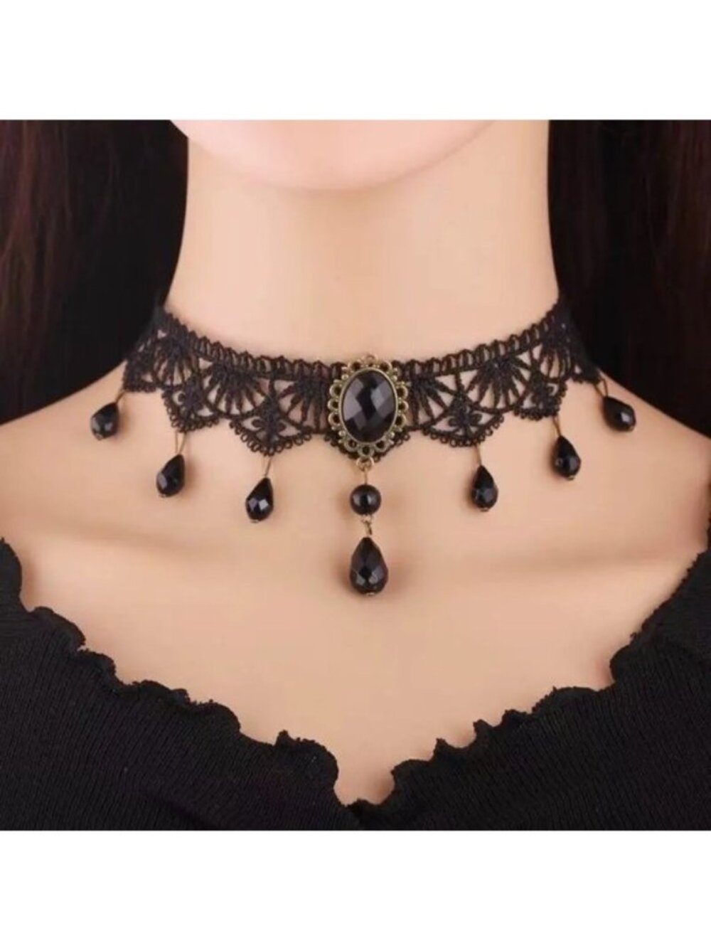 Choker Necklace Sexy Black Lace & Beads Collar Vamp Goth Stone Victorian Onyx